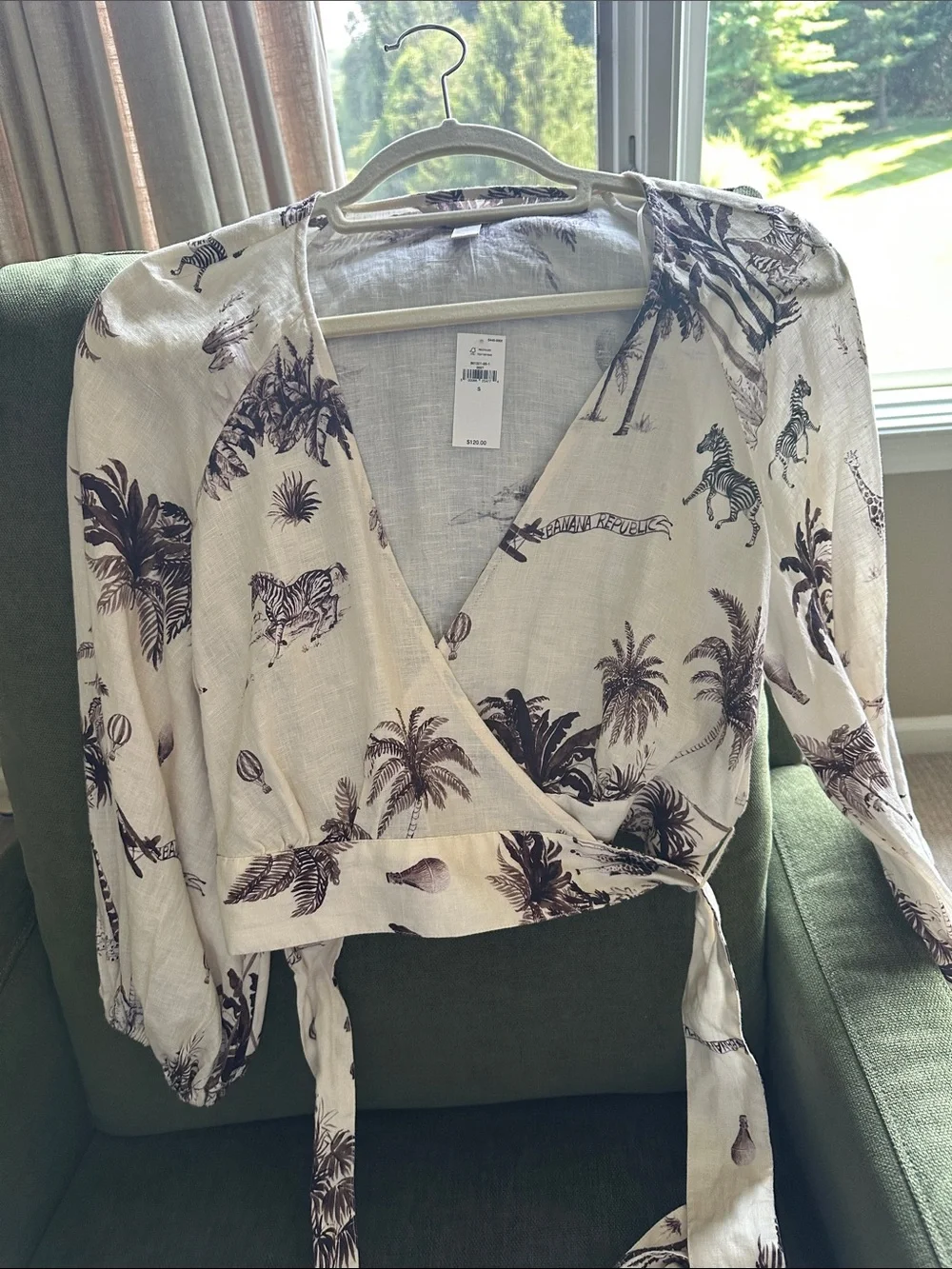 Banana Republic Cream and Brown Tropical Wrap Blouse